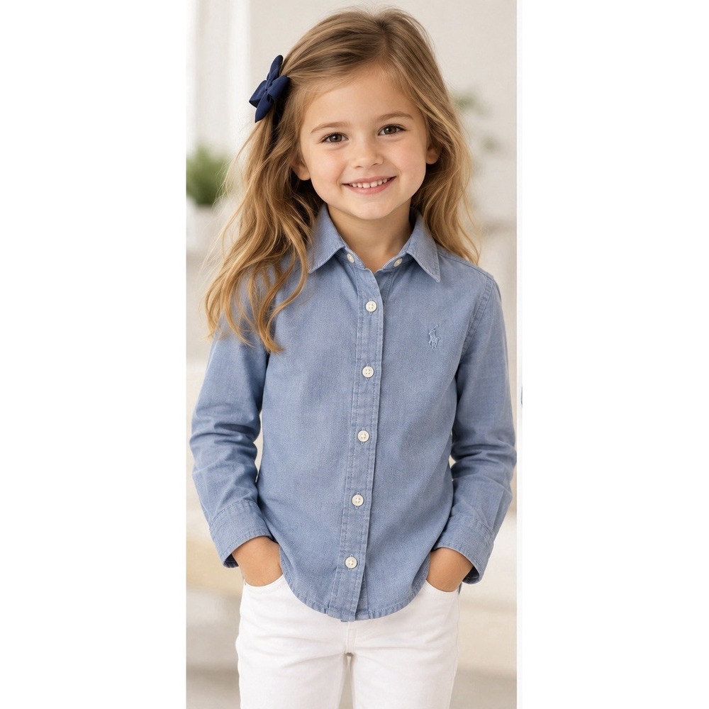 Polo Ralph Lauren Girls 5 Blue Chambray Button Down Shirt Pony 100% Cotton
